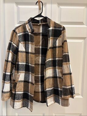 Women's Plaid Open-Front Coatigan Jacket - Camel/Black/White